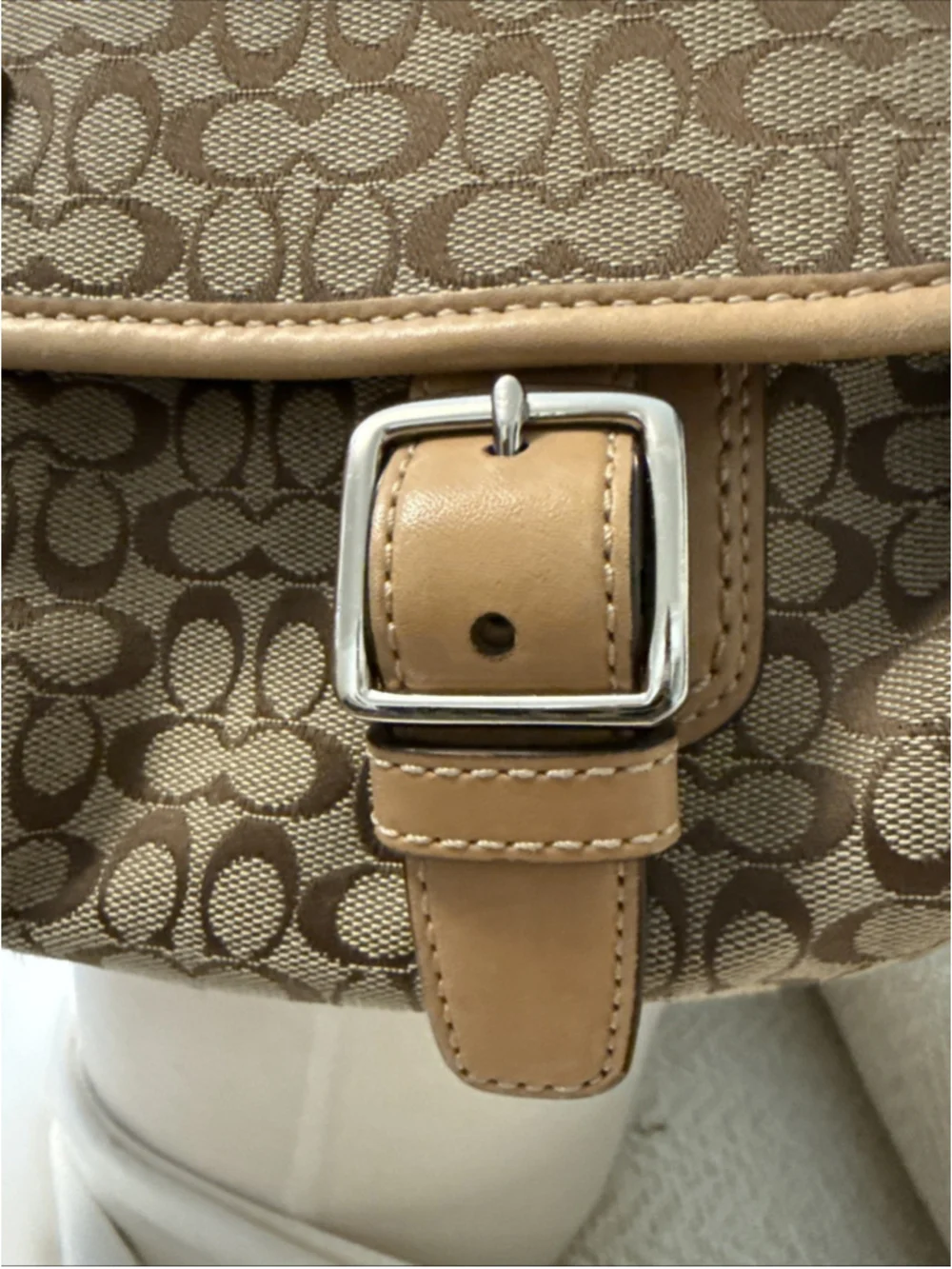 Coach Signature Pleated Canvas Flap Messenger Crossbody Bag Khaki White